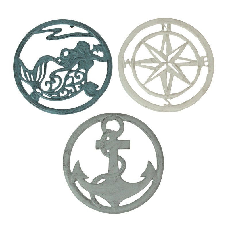Ensemble de dessous-de-plat Coastal en fonte émaillée, sirène, ancre, rose des vents en bleu, brun foncé et blanc - ensemble de 3, 7,75 po de diamètre x 0,75 po de hauteur