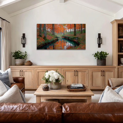 Art mural grand paysage d'automne - réflexions d'automne, art mural d'automne rétro pour le salon, estampes d'automne pour chambre à coucher, peinture sur toile tendue, 24 po x 48 po