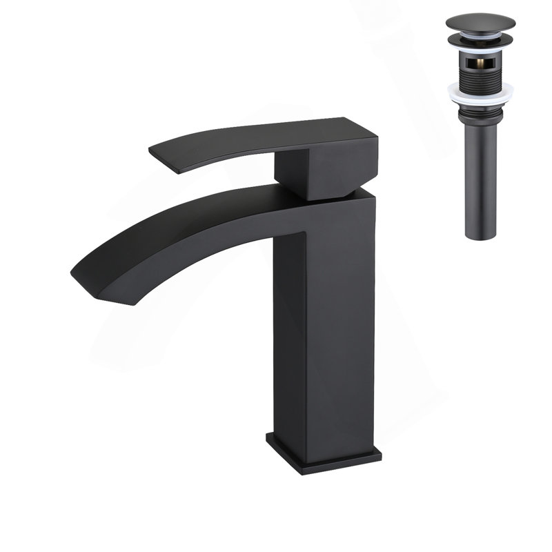 Robinet de lavabo de salle de bain à poignée simple avec bonde escamotable Waterfall, Noir mat