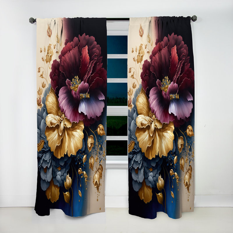 Rideau floral en velours bourgogne et bleu I - 1 panneau, L 52 po x L 108 po