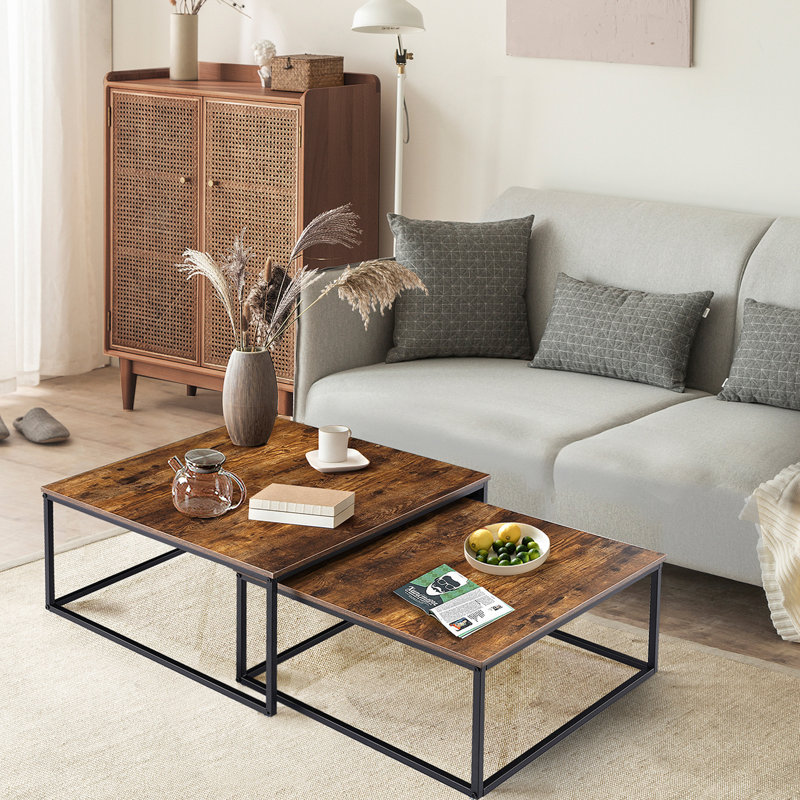 Rustic Brown and Black Square Wood Metal Nesting Coffee Tables, 2 Piece Set