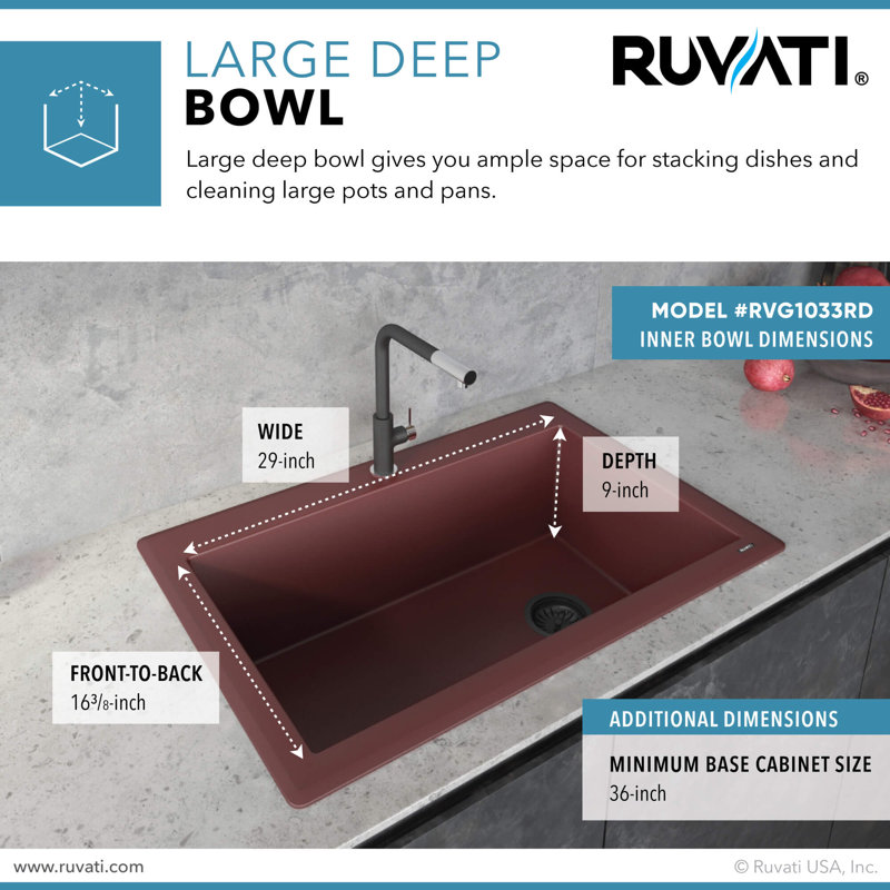 Ruvati 33 x 22 inch epiGranite Drop-in Topmount Granite Composite Quartz Single Bowl Kitchen Sink, Carnelian Red