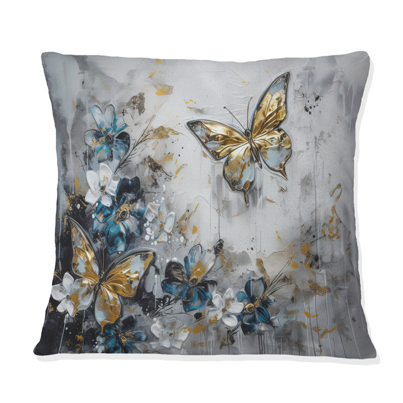 Ailes de papillon doré bleu et fleurs III - coussin à imprimé floral, H 16 po x l 16 po, Carré