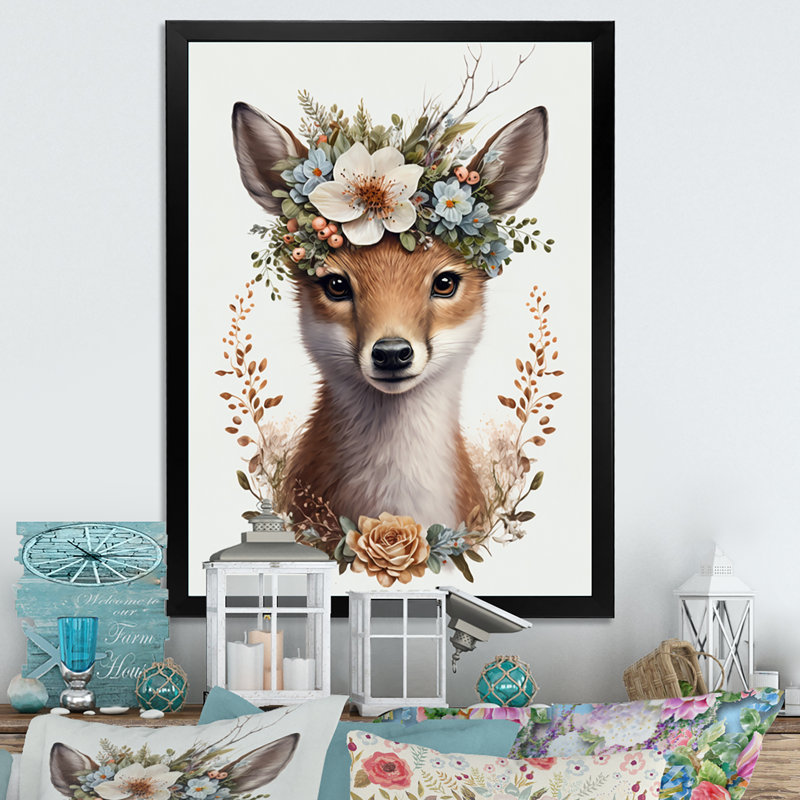 Adorable bébé renard avec couronne florale II - reproduction d'art sur toile, Toile avec cadre photo noir