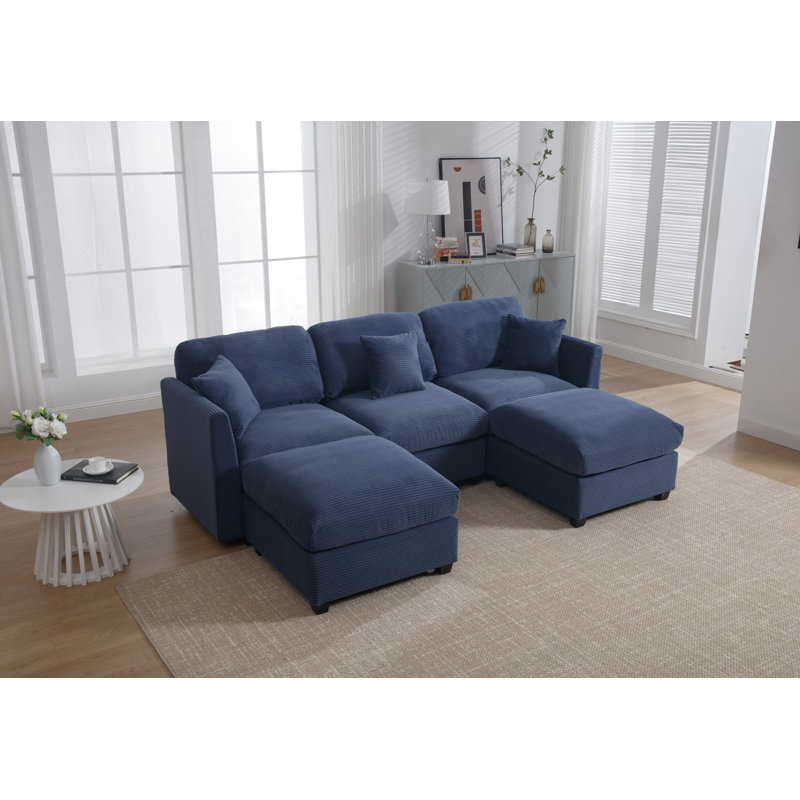 Bustamante 95" W U-Shape Corduroy Sofa With Reversible Ottomans, Dark Blue