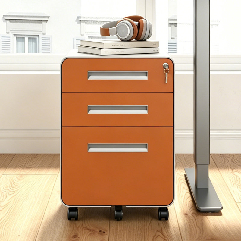 Makeace Fully Assembled 3-Drawer Mobile Metal Filing Cabinets with Lock for Home Office, Letter/Legal Size, Orange, Orange