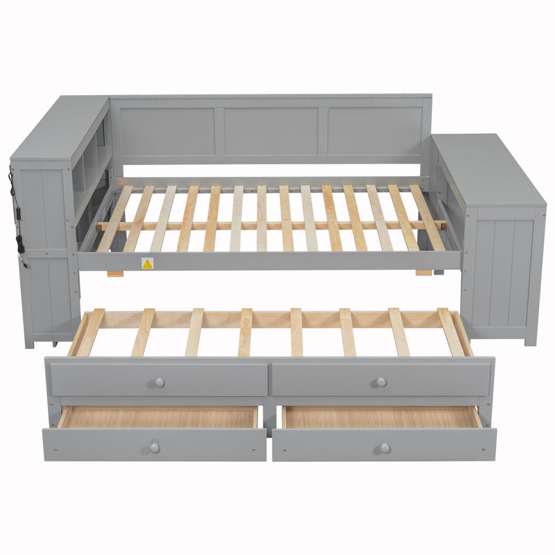Lit de jour double avec tablettes de rangement, gris