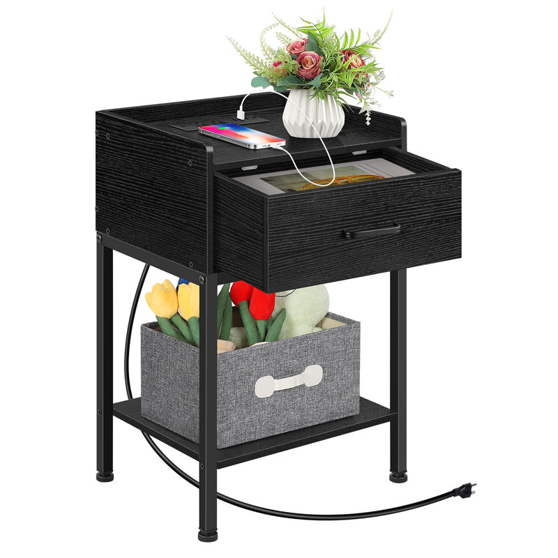 Table de chevet à 2 niveaux avec tiroirs et station de charge, Noir