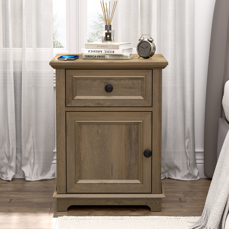 Azella 1-Drawer Frame End Table Set with Storage and Built-In Outlets, Light Brown