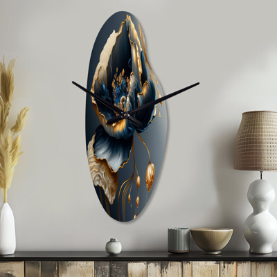 Horloge murale florale incurvée en métal bleu foncé et doré
