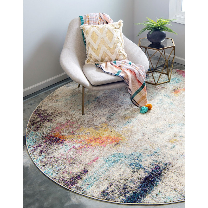 Tapis beige à motif abstrait Keimar, Rond 8 pi