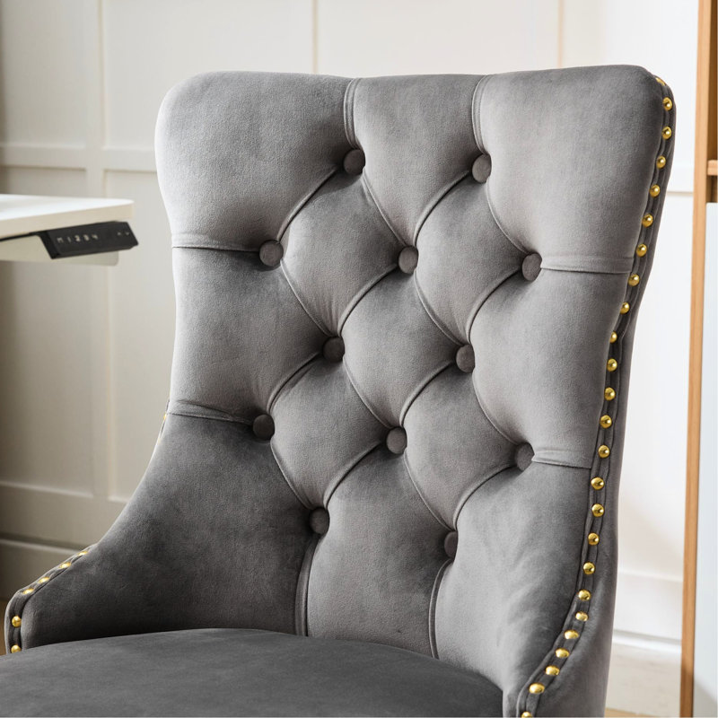 Chaise de bureau en velours gris pour bureau, pivotant réglable, base en métal doré, boutons, boutons tirés à la main, éponge à rebond élevé, garniture cloutée décorative en velours américain, électroplaquée avec