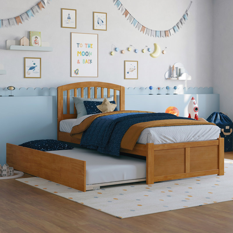 Lit plateforme en bois massif avec pied de lit et gigogne Marlton, Simple, Caramel clair