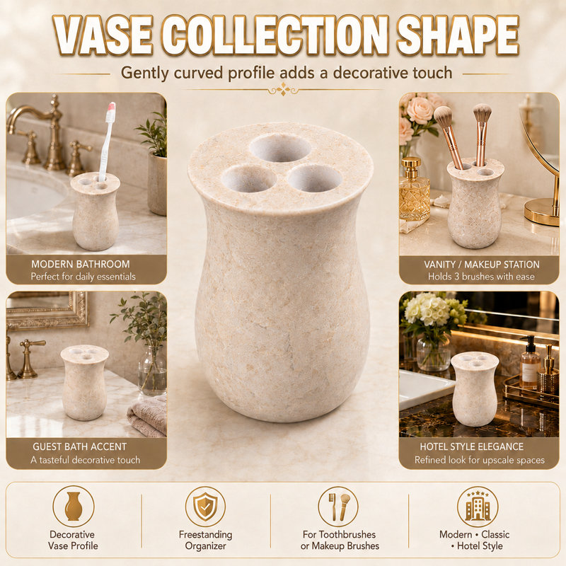 Creative Home Natural Champagne Marble Vase Collection Toothbrush Holder Makeup Brush Organizer