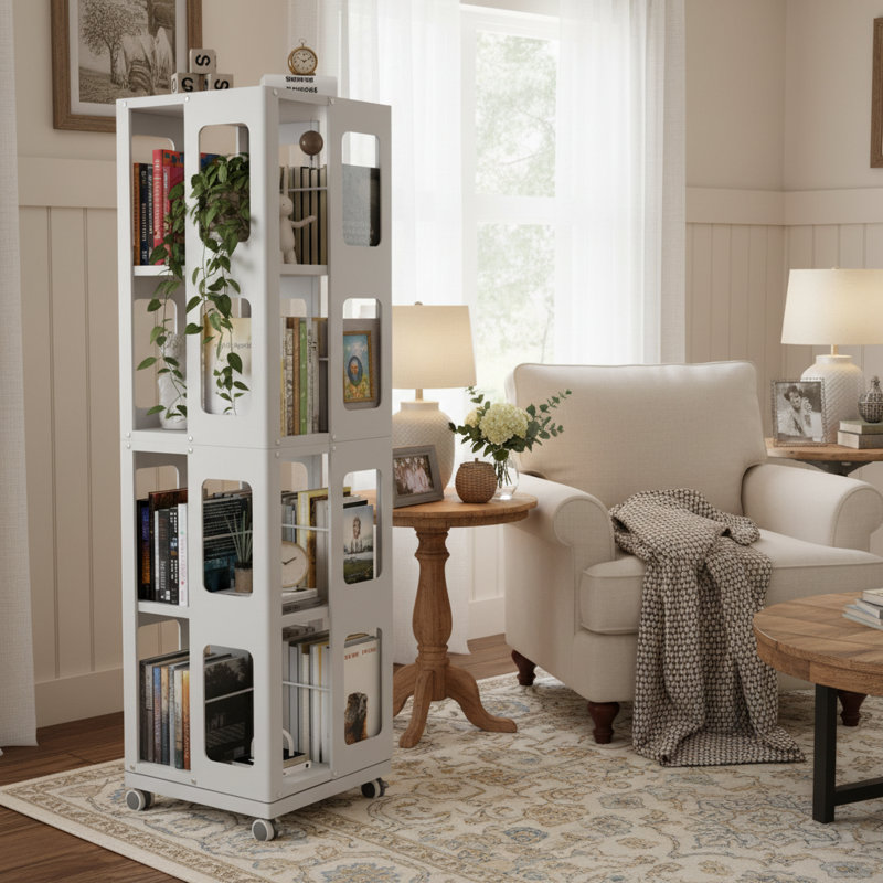 Modern 4-Tier All-Steel Rotating Bookshelf with 360-Degree Storage and Lockable Silent Wheels, White