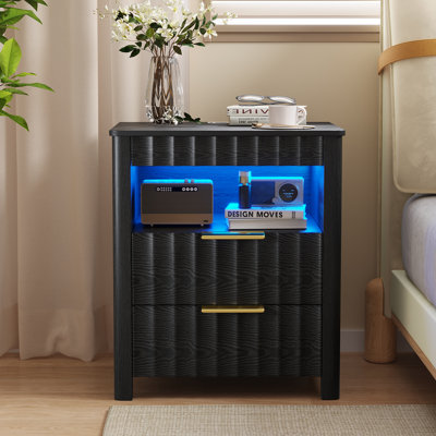 17.7'' W 2-Drawer Nightstand with LED Light and Charging Station