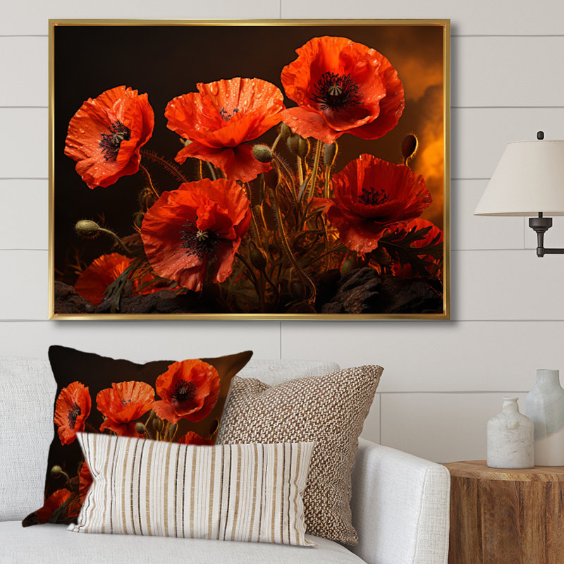 Art floral sur toile coquelicot, impression de champ de fleurs rouges - Champ de coquelicots rouges III, Cadre flottant doré