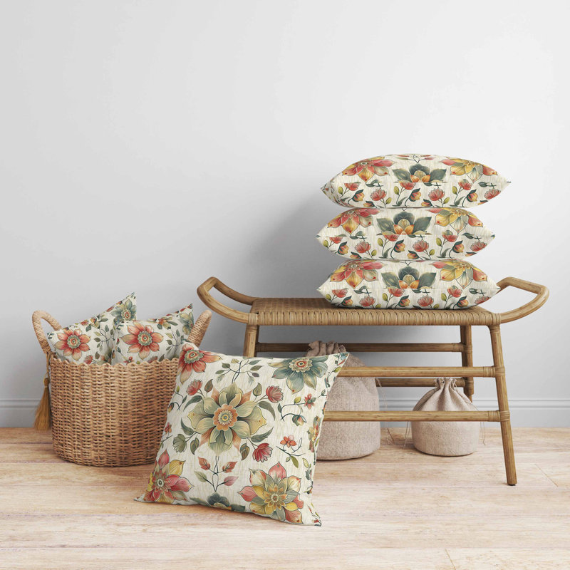 Oreiller rétro en faux suède à motif floral, Vert/rouge, Carré 16 po
