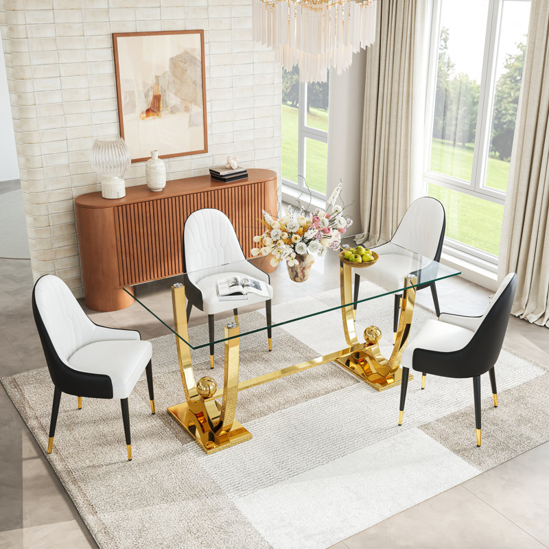 Modern Rectangular Glass Dining Table Set, Tempered Glass Top, Polished Stainless Steel W-Shaped Base, Faux Leather Chairs