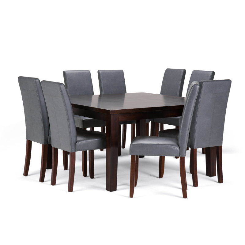 Acadian / Eastwood 9-Piece Dining Set with Solid Hardwood Square Table and 8 High-Back Upholstered Chairs, Stone gray
