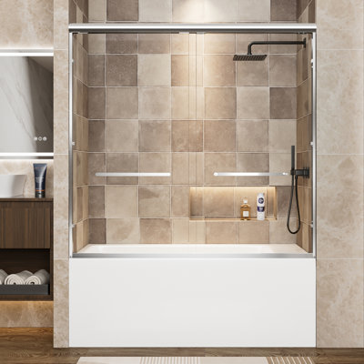 56"-60" W X 57" H Aluminum Frame Double Sliding Shower Door, Soft-Close Chrome Bathtub Door, 1/4" (6Mm) Clear Tempered Glass With Explosion-Proof Film, Dual Stainless Steel Handles