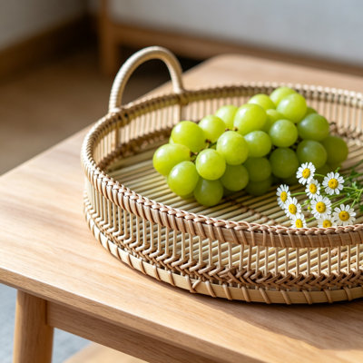 Round Bamboo Woven Serving Trays With Handles, Set of 3 Decorative Trays For Coffee Table, Ottoman & Home Decor