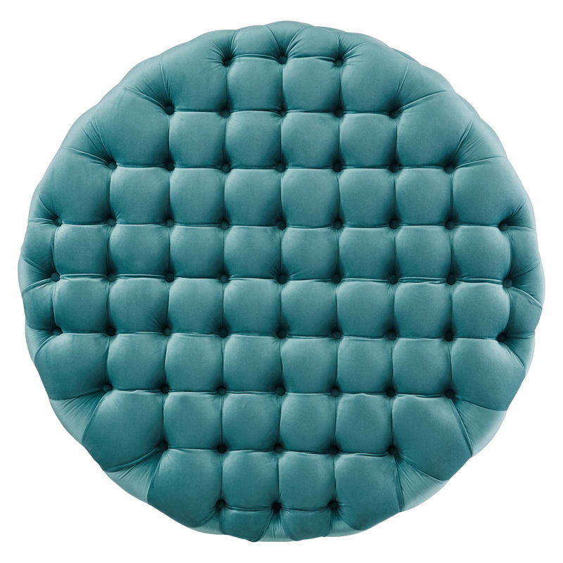Amour Sea Blue Velvet Tufted Round Ottoman, 40"