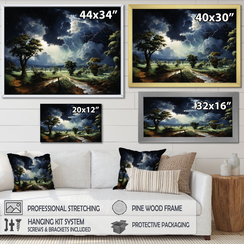 Tempête verte chassant la foudre sur toile, Cadre flottant blanc, H 24 po x l 32 po x P 1 po