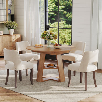 Table de salle à manger extensible ronde pour 4 à 6 personnes, table de salle à manger de style campagnard avec tablette de rangement et chaises de salle à manger rembourrées en tissu