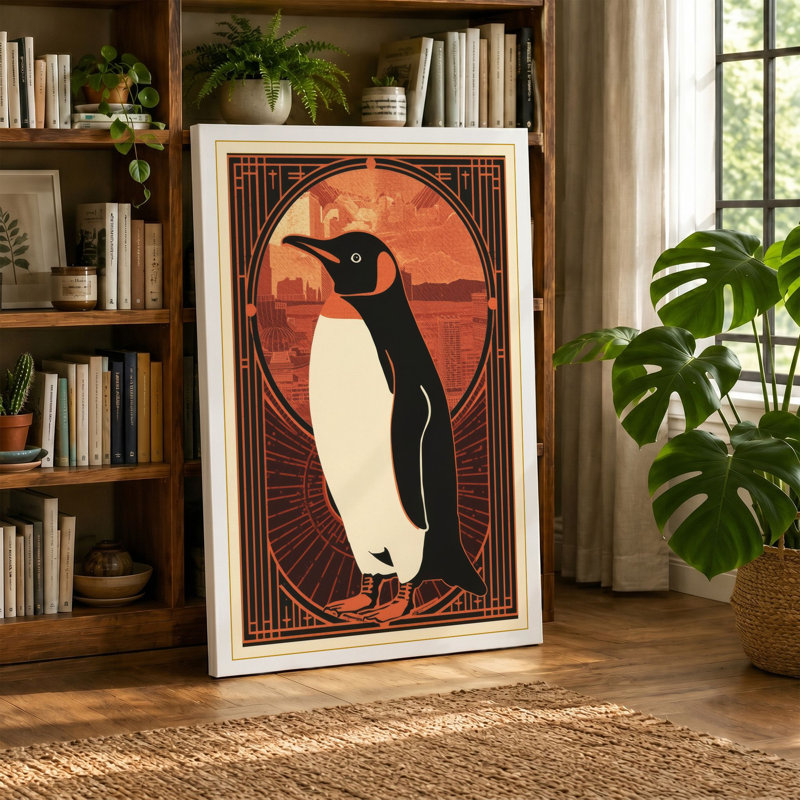 Geometric Penguin Art Deco 1 Piece Wrapped Canvas Wall Art, 18x12 - 45.7 x 30.5 cm, Ochre Border