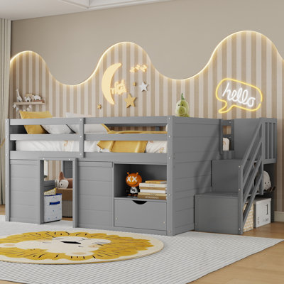 Solid Wood Low Loft Bed Frame with Built-in Stairs, Storage Drawer and Shelf for Kids Bedroom