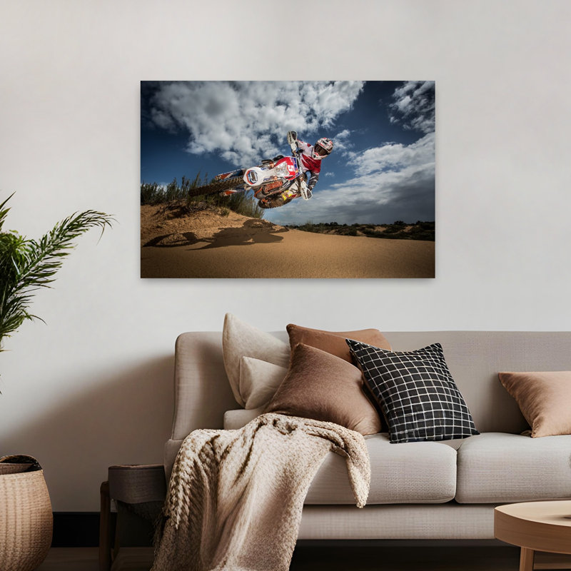 Motocross en plein vol, paysage abstrait contemporain, affiche murale nature, H 32 po x l 48 po