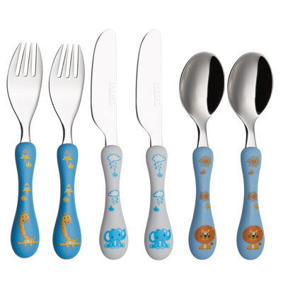 Children''s Cutlery Stainless Steel 6Pcs Set/Kids Cutlery/Toddler Utensils/Flatware - 2 X Forks, 2 X Safe Dinner Knives, 2 X Dinner Spoons - Safari
