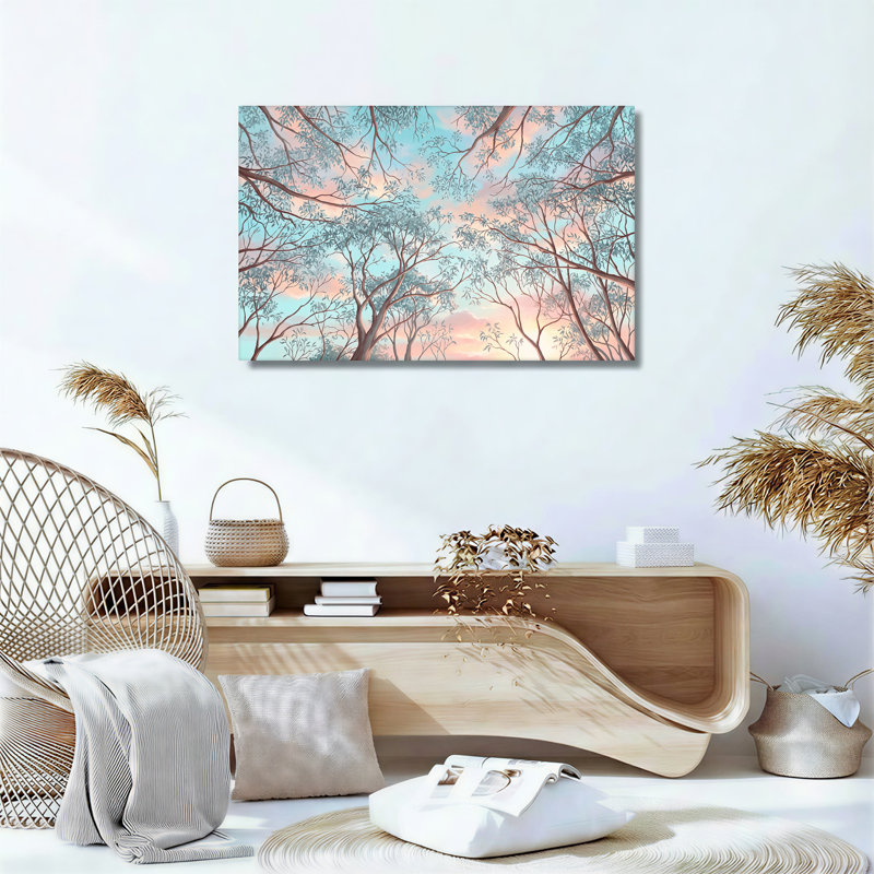 «Pastel Blue Sky», nuages roses, branches d'arbres, toile, vue sur toile, H 36 po x l 48 po