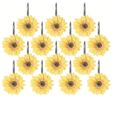 Paquet de 12 crochets de rideau de douche tournesol - Anneaux de rideau de douche floraux en résine, crochets décoratifs de style jardin d'été pour salle de bain, salon, décor de ferme