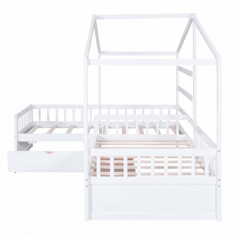 Lit plateforme House avec trois tiroirs de rangement, Blanc