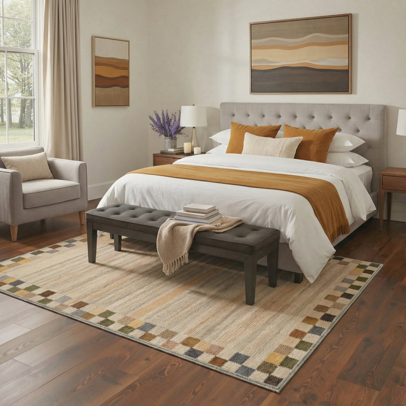Modern Checkered Stripes Machine Washable Ivory Indoor Area Rug With Non-Slip Backing, Rectangle 8' x 10'