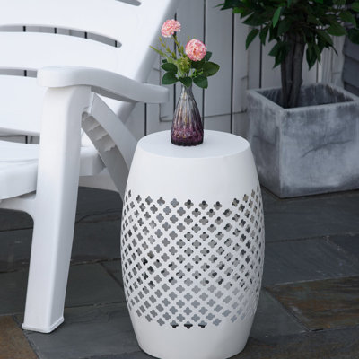 Table d'appoint de patio blanche en acier 12,5 po, tambour rond creux robuste pour la cour, le jardin, le patio, l'intérieur et l'extérieur