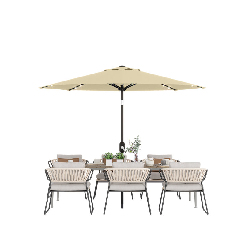 Parasol de patio 10 pi avec lumières DEL solaires - Parasol de table pour marché extérieur - 8 côtes coupe-vent, imperméable, toile résistante aux rayons UV, manivelle inclinable, pour piscine, terrasse, cour arrière - beige