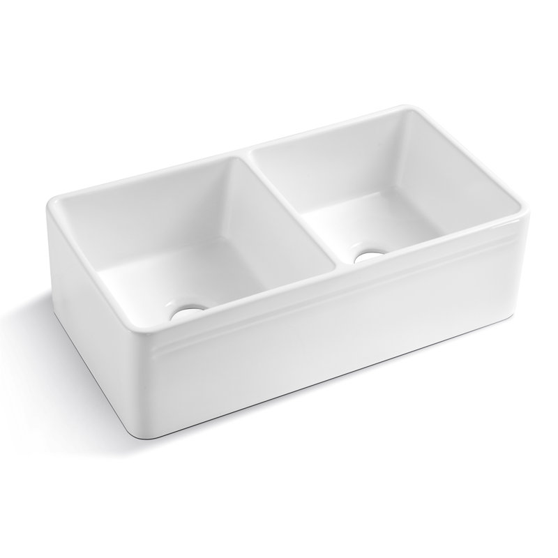 Lavabo à tablier frontal en céramique - blanc, double cuve, encastré, matériau solide, 18 po x 10 po x 33 po, 93 lb, blanc, fabrication, 33 po x 18 po x 10 po