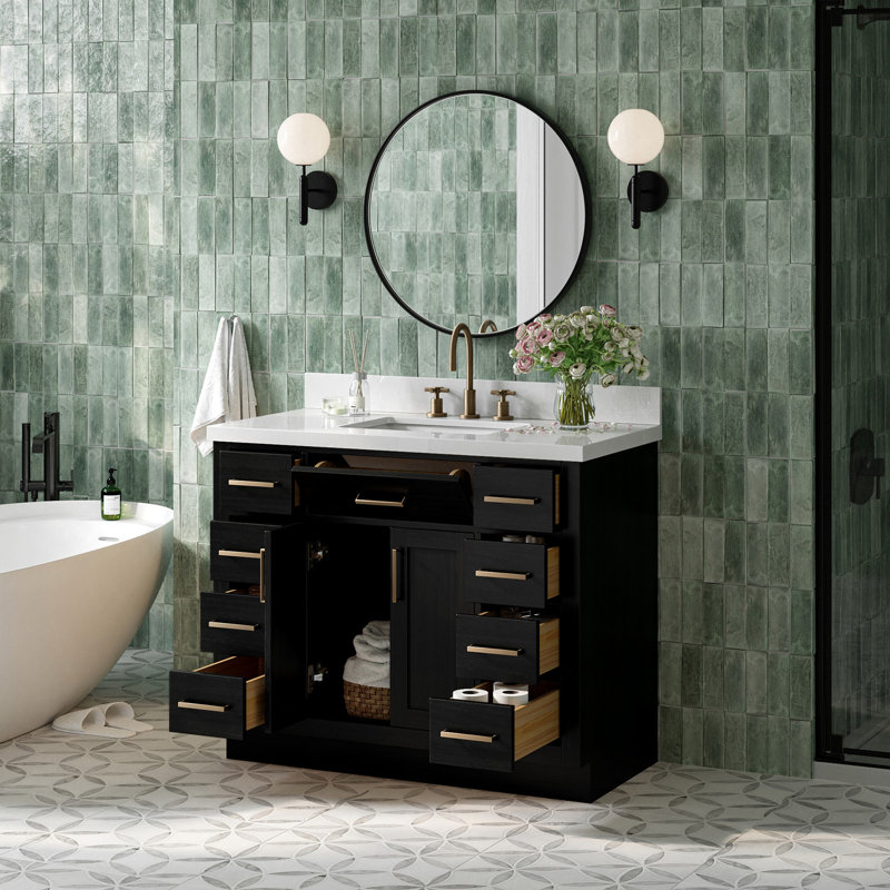 Meuble-lavabo simple en bois massif 42 po Tidworth avec plateau en quartz blanc 1,5 po, Forme rectangulaire