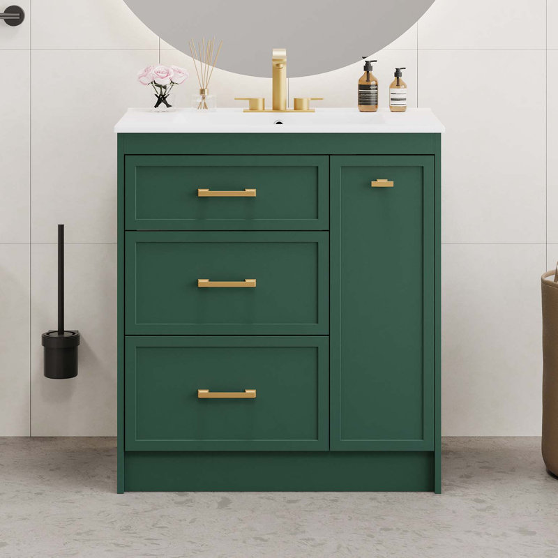 Ensemble de meuble-lavabo classique 30 po, à fixation au sol, avec trois tiroirs, dont un à double couche, avec de longues poignées dorées - parfait pour les petites salles de bain