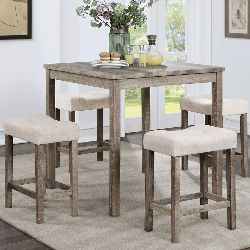 Table de salle à manger à hauteur de comptoir 5 pièces en gris et beige avec tabourets de table en bois massif: table, 4 sièges en lin pour un style moderne
