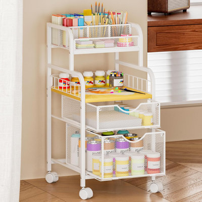 Rolling Cart With Drawers , Metal Utility Cart With Wood Shelf, DIY Divider And Locking Wheels, Craft , Art Cart Organizer For Under Desk Storage For