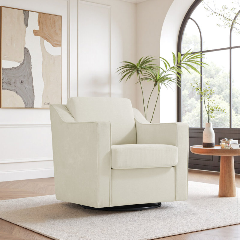 Bronnen Big And Wide Upholstered Cushion Swivel Armchair with Removable Back and Seat Cushion, Beige Chenille