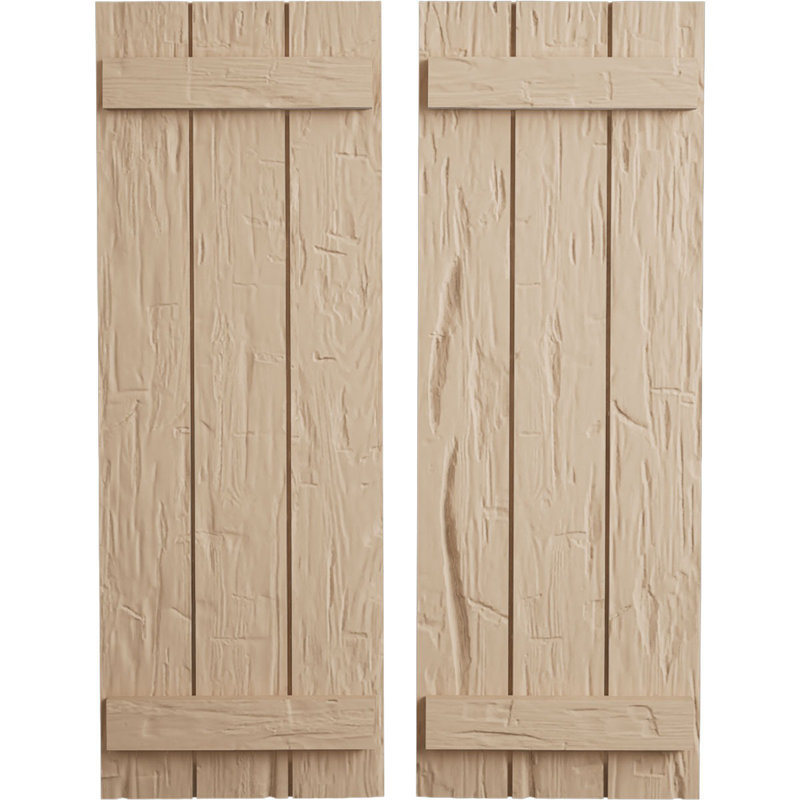 Volets en faux bois rustique à planche et nouettes (par paire), Texture taillée à la main / brun clair apprêté, 16"