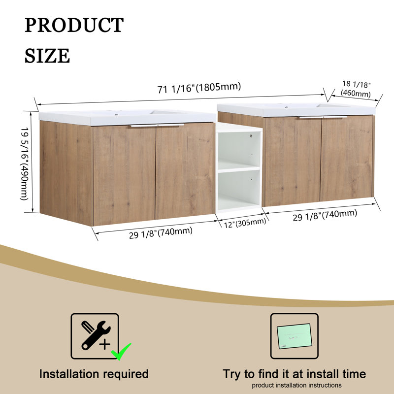 Meuble-lavabo double avec plateau 71,13 Ashling, Beige