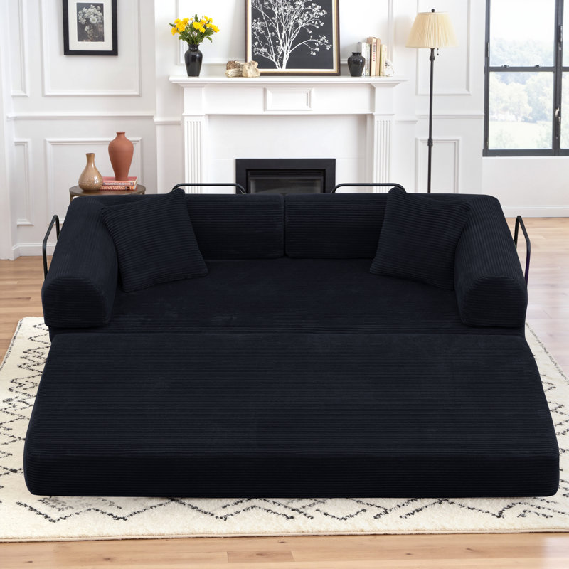 80.7" King-Size Futon Bed Corduroy Convertible Sleeper Sofa Floor Futon Couch With 2 Pillows - No Assembly Required