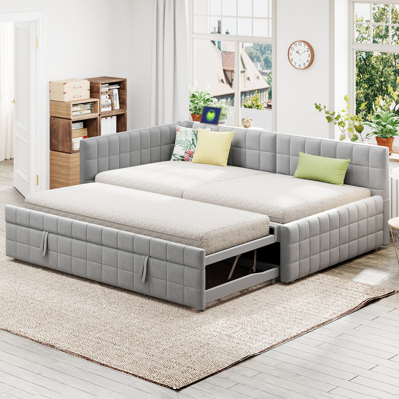 Full Size Upholstered L-Shaped Upholstered Daybed With Twinsize Pop Up Trundle And USB Ports, Gray, Gray