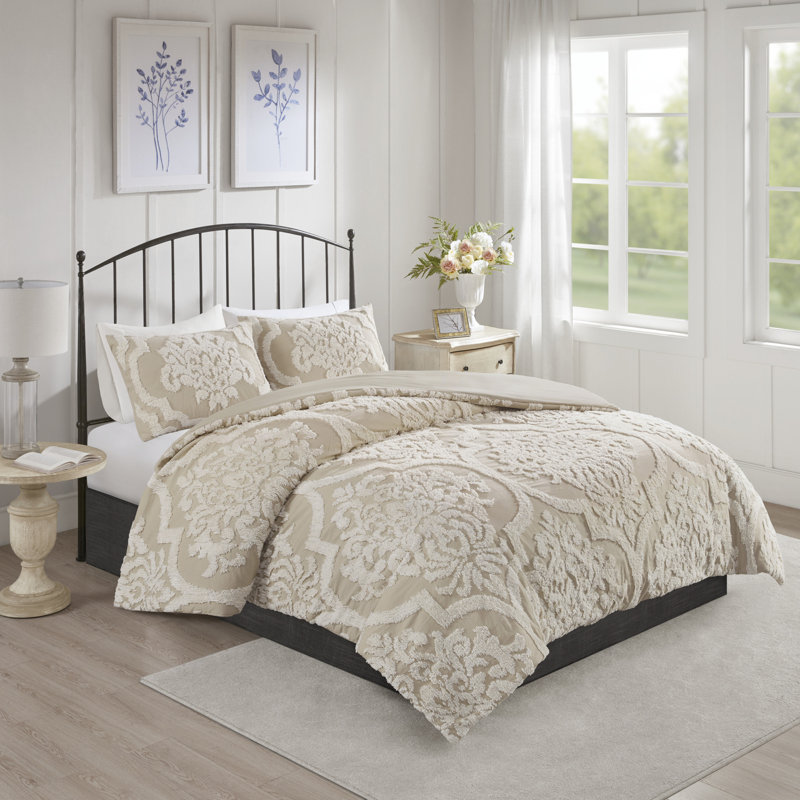 Viola Taupe Full/Queen Cotton Chenille Damask Duvet Set